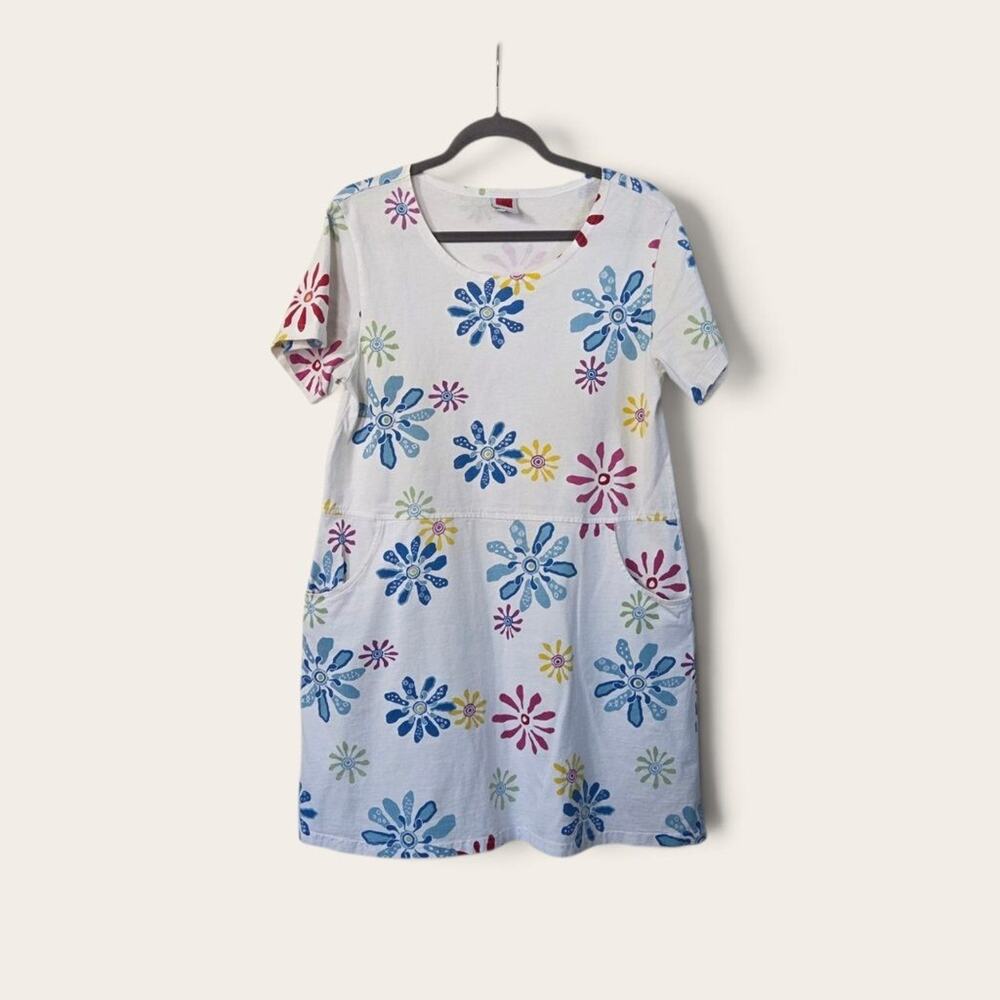 Red Ginger Floral Cotton T-Shirt Dress White Pockets Short Sleeve Women's Small
